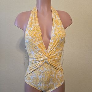 Michael Kors Yellow Floral Halter One-Piece